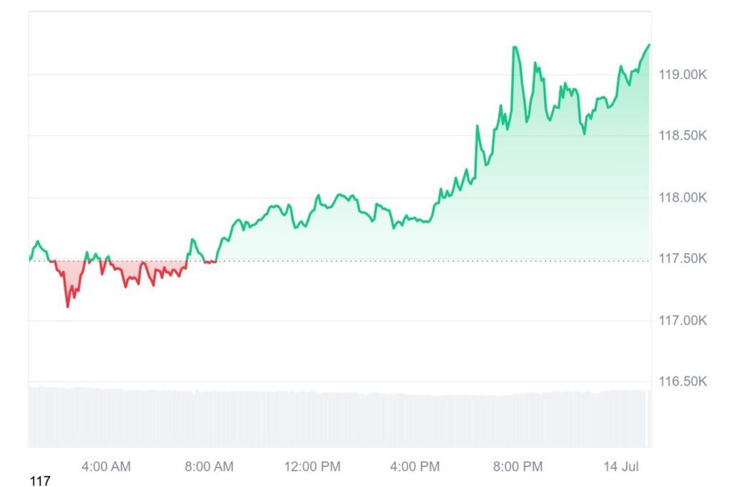Bitcoin surged 1.53% over the last 24 hours, reaching $119,314