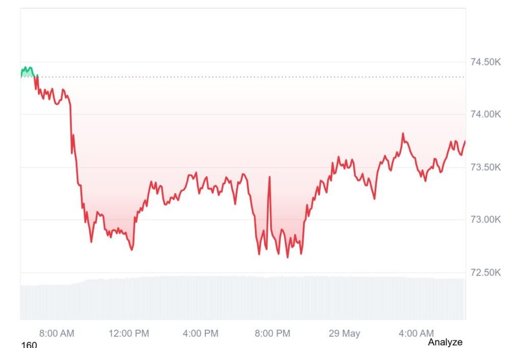 Bitcoin price briefly fell below $73,000, touching an intraday low near $72,640, before trading around $73,471