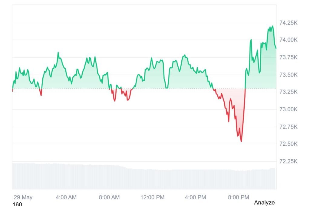 Bitcoin was trading near $73,874 on May 29, after touching an intraday low of about $72,532